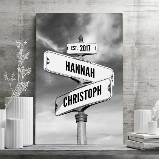 Personalisierte Leinwand ’Retro Straßenschild für Paare’